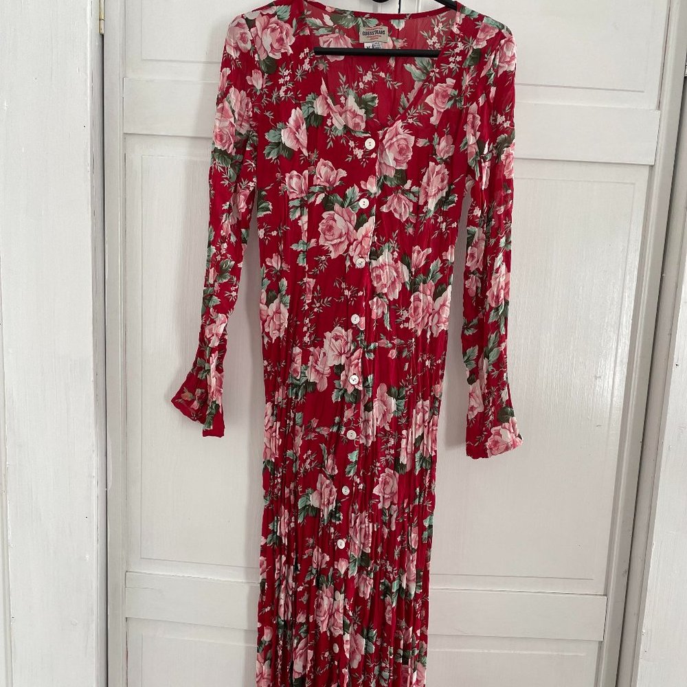 GUESS Red Floral Maxi Shirt Dress